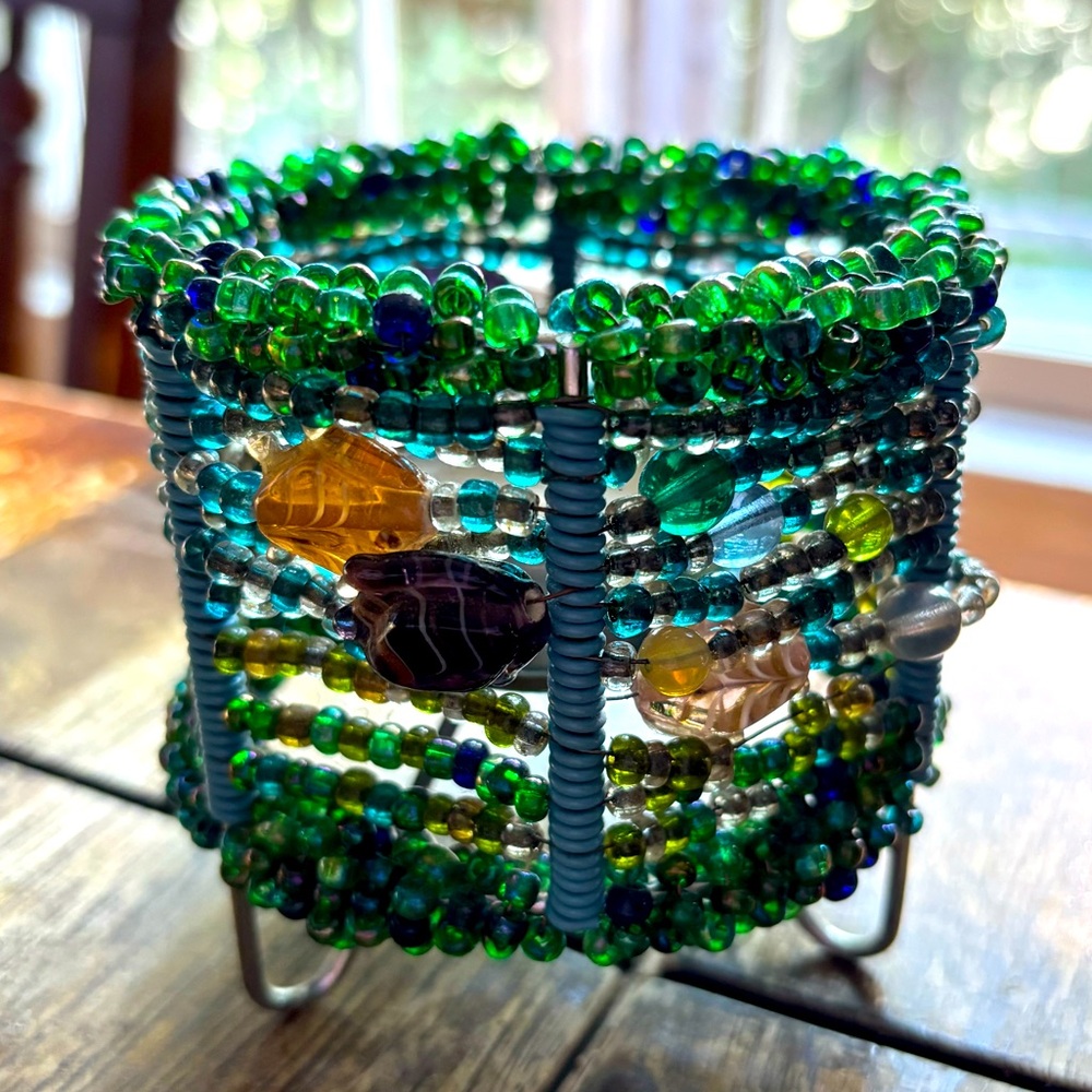 Green Blue Glass Beaded Tea Light Candle Holder Beach Ocean Sea